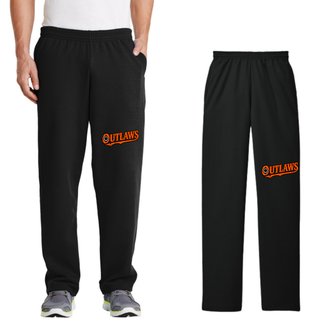 Black Ogden's Outlaws Wrestling bullet hole core fleece sweatpants with pockets on a male model and flat, with an orange logo on the lower leg