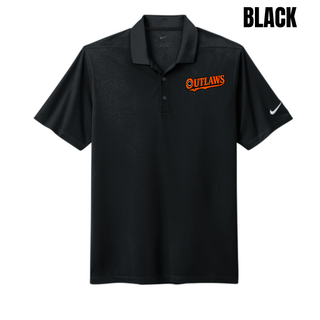 Black Ogden's Outlaws Wrestling bullet hole Dri-FIT micro pique polo with an orange Outlaws logo on the left chest