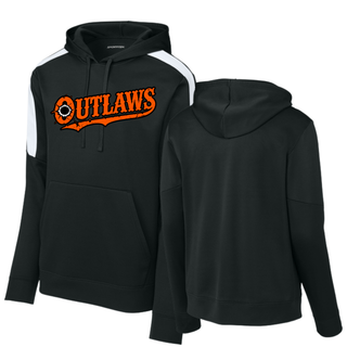 Black Ogden's Outlaws Wrestling bullet hole fan favorite hoodie with white shoulder and sleeve panels and a large orange logo on the front