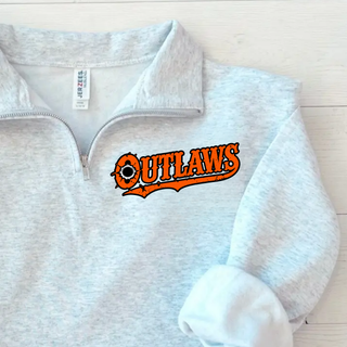 Ash grey Ogden's Outlaws Wrestling bullet hole fleece quarter-zip with an orange logo on the left chest