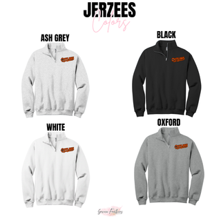 Fleece quarter-zip color chart showing Ash Grey, Black, White, and Oxford