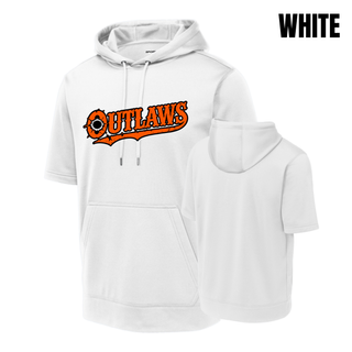 Front and back of a white Ogden's Outlaws Wrestling bullet hole fleece short sleeve hooded pullover with a large orange Outlaws logo and plain back