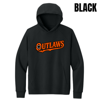 Black Ogden's Outlaws Wrestling bullet hole men's Dri-FIT primary hoodie with a large orange Outlaws logo across the chest
