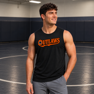 Male model wearing a black Ogden's Outlaws Wrestling bullet hole PosiCharge competitor tank on a wrestling mat