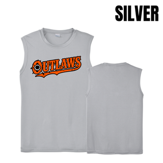 Front and back of a silver Ogden's Outlaws Wrestling bullet hole men's PosiCharge competitor tank with a plain back