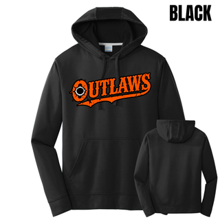 Black performance hoodie front with orange Ogden's Outlaws Wrestling bullet hole lettering and a plain back view