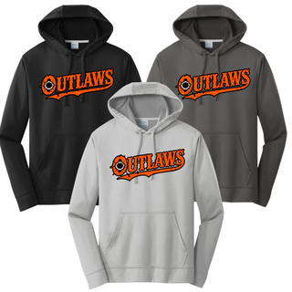 Black, silver and charcoal performance hoodies with orange western-style Ogden's Outlaws Wrestling bullet hole lettering, a swash tail and a bullet hole in the O