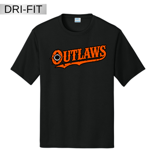 Black Dri-Fit performance tee with orange western-style Ogden's Outlaws Wrestling bullet hole lettering, a swash tail and a bullet hole in the O