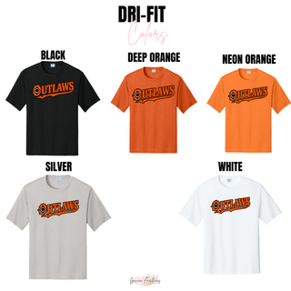 Dri-Fit performance tee color chart for the Ogden's Outlaws Wrestling bullet hole design in Black, Deep Orange, Neon Orange, Silver, and White
