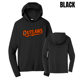 Front and back of a black Ogden's Outlaws Wrestling bullet hole PosiCharge competitor hoodie with a plain back