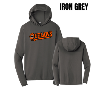 Front and back of an iron grey Ogden's Outlaws Wrestling bullet hole PosiCharge competitor hoodie with a plain back