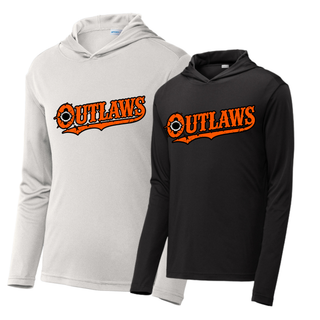Silver and black Ogden's Outlaws Wrestling bullet hole PosiCharge competitor hoodies side by side with an orange logo