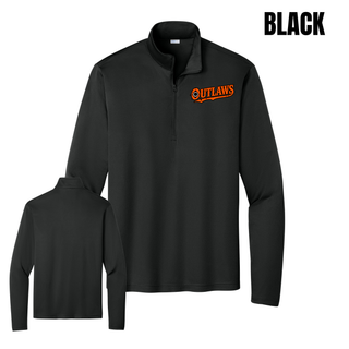 Front and back of a black Ogden's Outlaws Wrestling bullet hole PosiCharge competitor quarter-zip pullover with a plain back