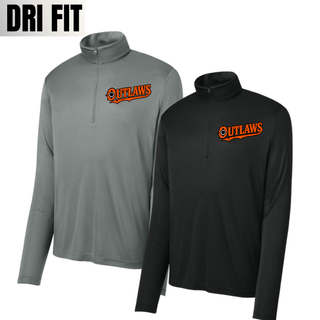 Light grey and black Ogden's Outlaws Wrestling bullet hole PosiCharge competitor quarter-zip pullovers with an orange left chest logo
