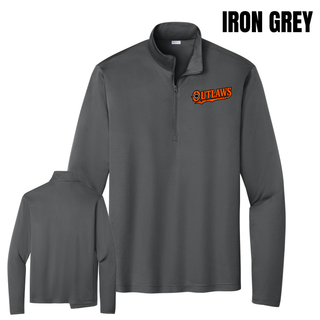 Alternate front and back view of an iron grey Ogden's Outlaws Wrestling bullet hole PosiCharge competitor quarter-zip pullover