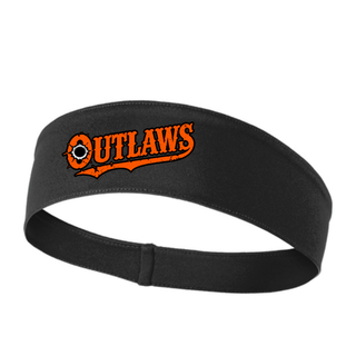 Black PosiCharge performance headband with orange western-style Ogden's Outlaws Wrestling bullet hole lettering, a swash tail and a bullet hole in the O printed on the front