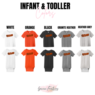 Infant and toddler color chart for the Ogden's Outlaws Wrestling bullet hole design in White, Orange, Black, Granite Heather, and Heather Grey on tees and bodysuits