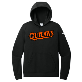 Black Ogden's Outlaws Wrestling bullet hole women's club fleece pullover hoodie with a large orange Outlaws logo across the chest