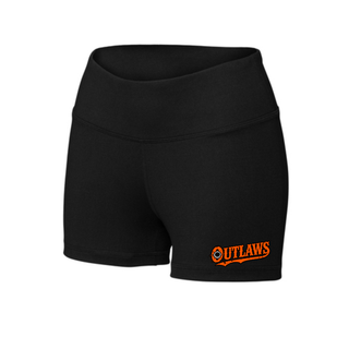 Black high-rise women's interval shorts with orange Ogden's Outlaws Wrestling bullet hole lettering on the lower left leg