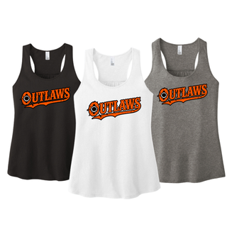 Black, white, and grey frost Ogden's Outlaws Wrestling bullet hole women's racerback tanks side by side with an orange logo
