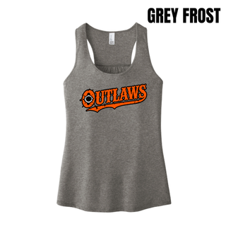 Grey frost Ogden's Outlaws Wrestling bullet hole women's racerback tank with an orange logo on the chest