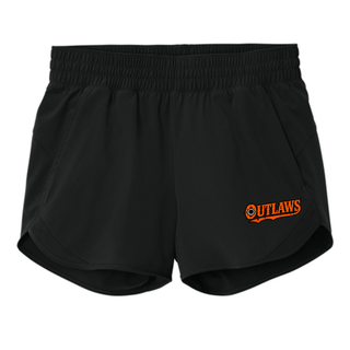 Flat view of black Ogden's Outlaws Wrestling bullet hole women's repeat swift short with an orange logo on the lower right leg