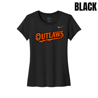 Black Ogden's Outlaws Wrestling bullet hole women's rLegend tee with an orange Outlaws logo across the chest
