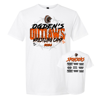 Ogden's Outlaws Wrestling Camp 2026 front design with headdress logo and barbed wire on white graphic top
