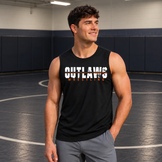 Ogden's Outlaws Wrestling Clinch Men's PosiCharge Competitor Tank - Black, on model
