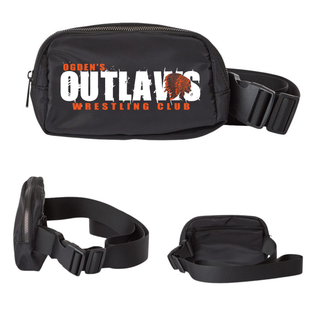Black Ogden's Outlaws Wrestling Club belt bag with orange and white logo, shown from multiple angles