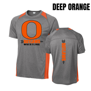 Ogden's Outlaws Wrestling Distressed O Front and Back Colorblock Contender Tee with Deep Orange accents