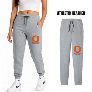 Ogden's Outlaws Wrestling Distressed O Core Fleece Joggers in Athletic Heather Grey shown on a woman and as a product view