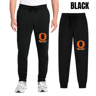 Ogden's Outlaws Wrestling Distressed O Core Fleece Joggers in Black shown on a man and as a product view