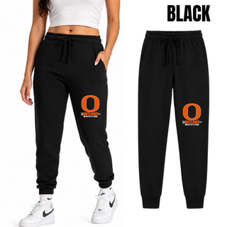 Ogden's Outlaws Wrestling Distressed O Core Fleece Joggers in Black shown on a woman and as a product view