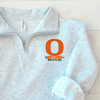 Ogden's Outlaws Wrestling Distressed O Fleece Quarter-Zip in Ash Grey close-up