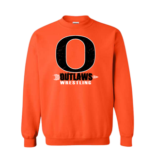 Ogden's Outlaws Wrestling Distressed O Graphic Top on an orange crewneck sweatshirt
