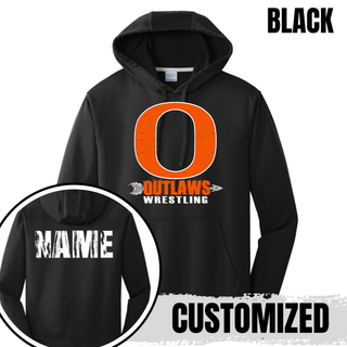 Black Ogden's Outlaws Wrestling Distressed O Performance Hoodie with customizable name on the upper back