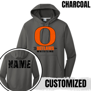 Charcoal Ogden's Outlaws Wrestling Distressed O Performance Hoodie with customizable name on the upper back