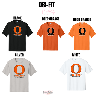 Ogden's Outlaws Wrestling Distressed O Performance Tee in Black, Deep Orange, Neon Orange, Silver, and White