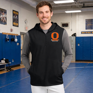 Model wearing the Ogden's Outlaws Wrestling Distressed O Sport-Wick Stretch Sleeveless Hooded Quarter-Zip in Black