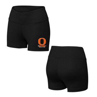 Ogden's Outlaws Wrestling Distressed O Women's Interval Performance Shorts in Black front and back views