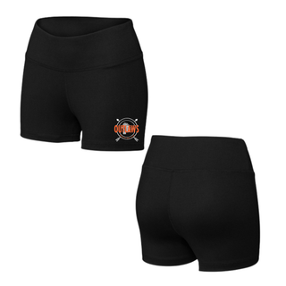 Ogden's Outlaws Wrestling Dreamcatcher Women's Interval Performance Shorts front and back view in Black