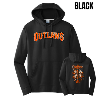 Black performance hoodie shown front and back, with distressed orange Outlaws lettering outlined in white and black on the front and a feathered axe with an Outlaws banner and vertical Wrestling lettering on the back