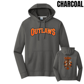 Charcoal performance hoodie shown front and back, with distressed orange Outlaws lettering outlined in white and black on the front and a feathered axe with an Outlaws banner and vertical Wrestling lettering on the back