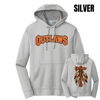 Silver performance hoodie shown front and back, with distressed orange Outlaws lettering outlined in black on the front and a feathered axe with an Outlaws banner and vertical Wrestling lettering on the back