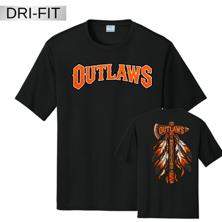Black performance tee shown front and back, with distressed orange Outlaws lettering outlined in white and black on the front and a feathered axe with an Outlaws banner and vertical Wrestling lettering on the back