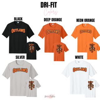 Performance tee color chart showing the Outlaws feathered axe front and back design on Black, Deep Orange, Neon Orange, Silver, and White tees