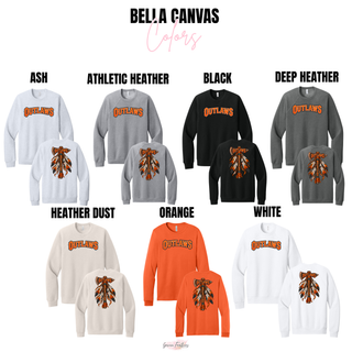 Bella Canvas color chart showing the Outlaws feathered axe front and back design in Ash, Athletic Heather, Black, Deep Heather, Heather Dust, Orange, and White