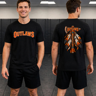 Model wearing a black tee in a wrestling room, front with distressed orange Outlaws lettering and back with a feathered axe, Outlaws banner, and vertical Wrestling lettering