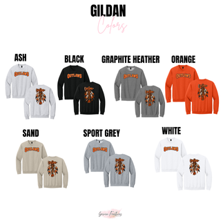 Gildan color chart showing the Outlaws feathered axe front and back design on crewneck sweatshirts in Ash, Black, Graphite Heather, Orange, Sand, Sport Grey, and White